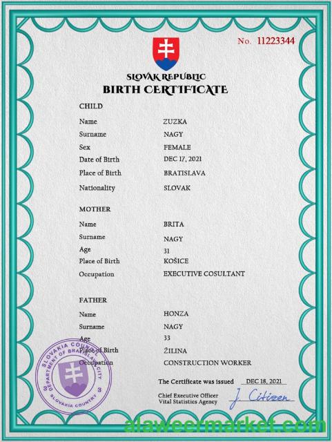 Slovakia birth certificate PSD template